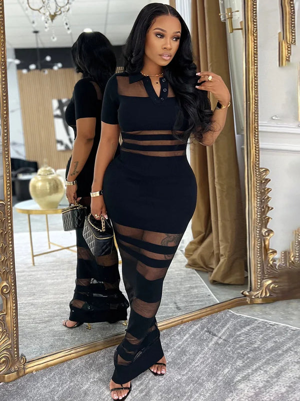 Beyprern Women's See-Through Striped Sheer Polo Maxi Dress Sexy Turn-Down Collars Caged Party Dresses Night Out Vestido Clubwear