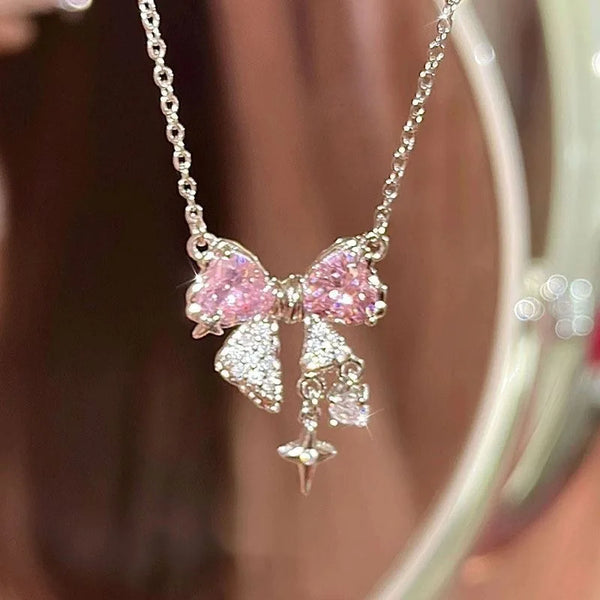 Pink bow necklace sweet cool girl clavicle chain all-match light luxury high-end simple cool accessories