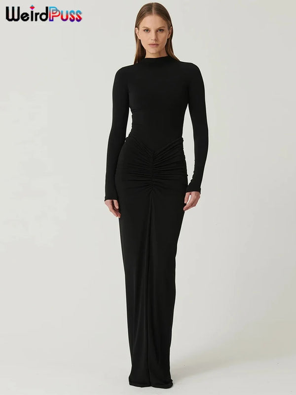 Women’s Ruched Bodycon O-Neck Dress – Autumn Long Sleeve Stretch Fashion Dress